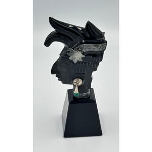 Handcrafted Taxco Mexico Obsidian & 925 Silver Mayan King Pakal Bust Sculpture